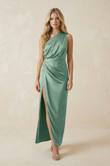 One - Shoulder Satin Ruched Sheath Bridesmaid Dress in Mint Green - KissProm Bridesmaid Dresses