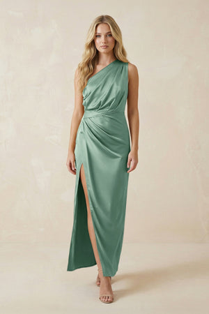One - Shoulder Satin Ruched Sheath Bridesmaid Dress in Mint Green - KissProm Bridesmaid Dresses