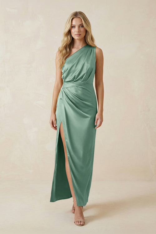 One - Shoulder Satin Ruched Sheath Bridesmaid Dress in Mint Green - KissProm Bridesmaid Dresses