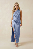 One - Shoulder Satin Ruched Sheath Bridesmaid Dress in Mist - KissProm Bridesmaid Dresses