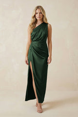 One - Shoulder Satin Ruched Sheath Bridesmaid Dress in Moss - KissProm Bridesmaid Dresses