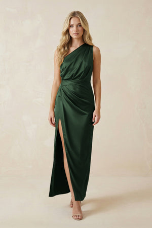 One - Shoulder Satin Ruched Sheath Bridesmaid Dress in Moss - KissProm Bridesmaid Dresses