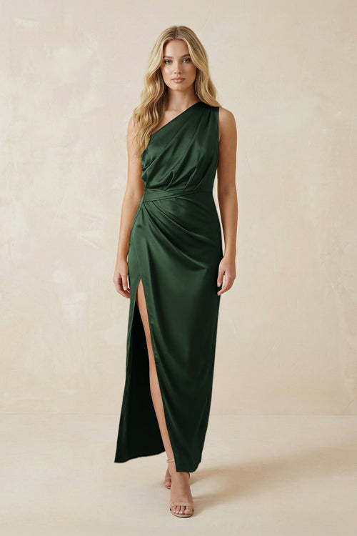 One - Shoulder Satin Ruched Sheath Bridesmaid Dress in Moss - KissProm Bridesmaid Dresses