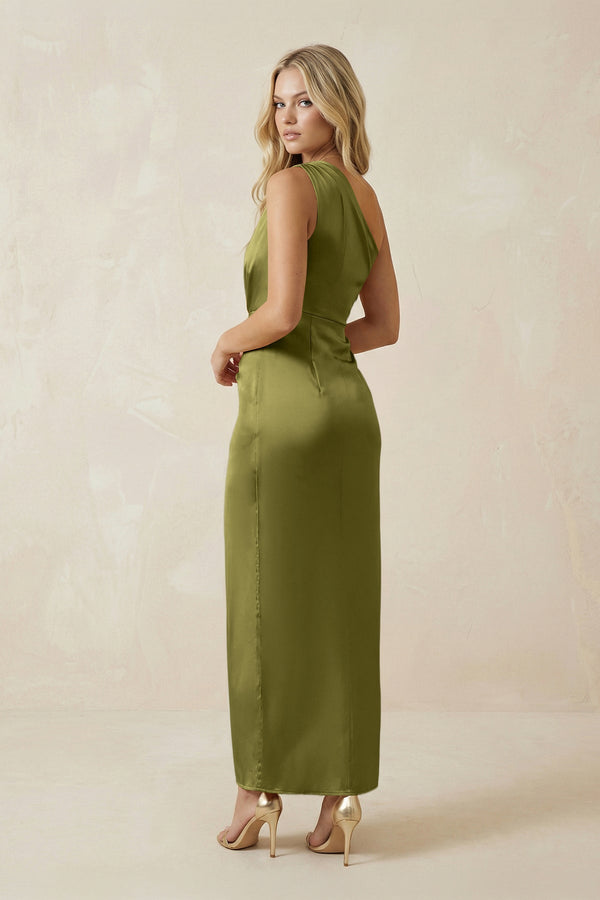 One - Shoulder Satin Ruched Sheath Bridesmaid Dress in Moss Green - KissProm Bridesmaid Dresses