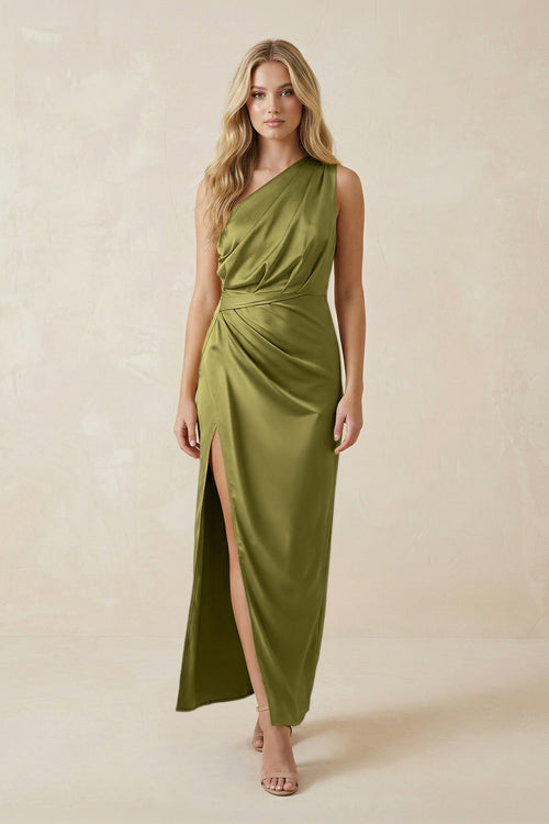 One - Shoulder Satin Ruched Sheath Bridesmaid Dress in Moss Green - KissProm Bridesmaid Dresses