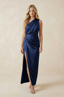 One - Shoulder Satin Ruched Sheath Bridesmaid Dress in Navy - KissProm Bridesmaid Dresses