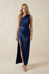 One - Shoulder Satin Ruched Sheath Bridesmaid Dress in Navy - KissProm Bridesmaid Dresses