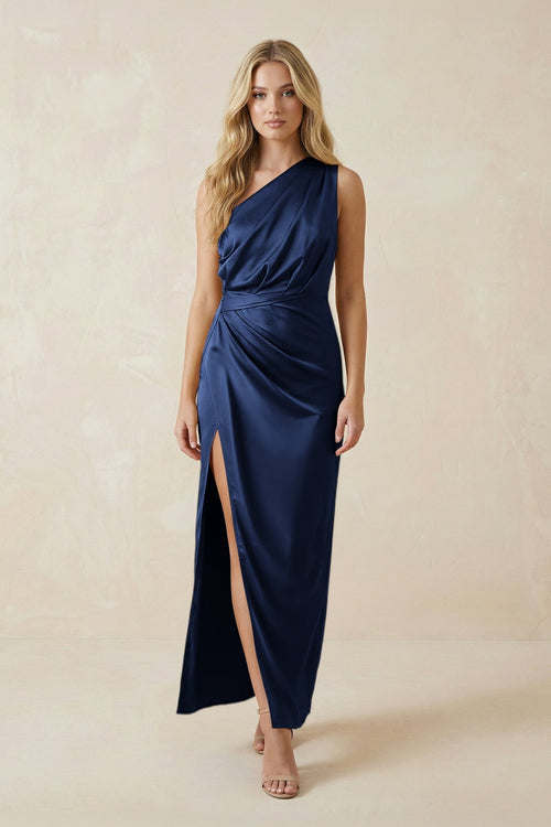 One - Shoulder Satin Ruched Sheath Bridesmaid Dress in Navy - KissProm Bridesmaid Dresses