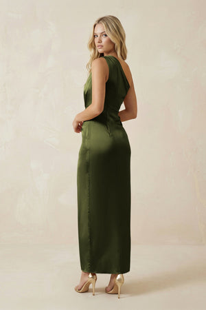 One - Shoulder Satin Ruched Sheath Bridesmaid Dress in Olive - KissProm Bridesmaid Dresses