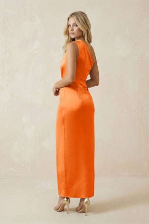 One - Shoulder Satin Ruched Sheath Bridesmaid Dress in Orange - KissProm Bridesmaid Dresses