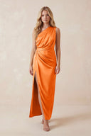 One - Shoulder Satin Ruched Sheath Bridesmaid Dress in Orange - KissProm Bridesmaid Dresses