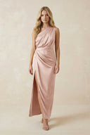 One - Shoulder Satin Ruched Sheath Bridesmaid Dress in Pale Blush - KissProm Bridesmaid Dresses