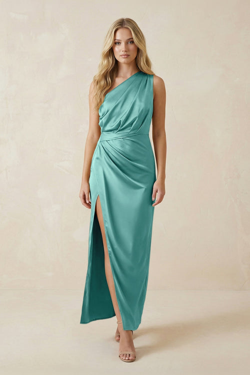One - Shoulder Satin Ruched Sheath Bridesmaid Dress in Pale Pistachio - KissProm Bridesmaid Dresses