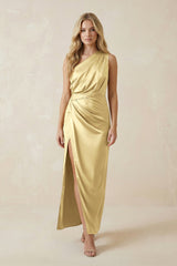 One - Shoulder Satin Ruched Sheath Bridesmaid Dress in Pastel Yellow - KissProm Bridesmaid Dresses
