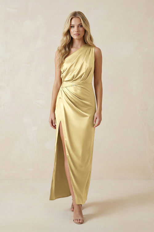 One - Shoulder Satin Ruched Sheath Bridesmaid Dress in Pastel Yellow - KissProm Bridesmaid Dresses