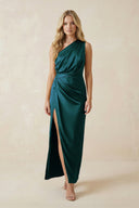 One - Shoulder Satin Ruched Sheath Bridesmaid Dress in Pine - KissProm Bridesmaid Dresses