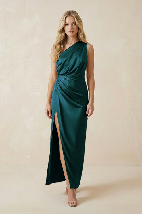 One - Shoulder Satin Ruched Sheath Bridesmaid Dress in Pine - KissProm Bridesmaid Dresses
