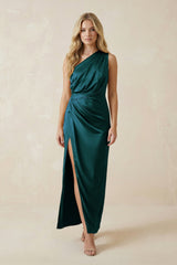 One - Shoulder Satin Ruched Sheath Bridesmaid Dress in Pine - KissProm Bridesmaid Dresses