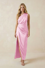 One - Shoulder Satin Ruched Sheath Bridesmaid Dress in Pink - KissProm Bridesmaid Dresses