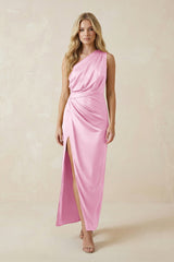 One - Shoulder Satin Ruched Sheath Bridesmaid Dress in Pink - KissProm Bridesmaid Dresses