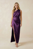 One - Shoulder Satin Ruched Sheath Bridesmaid Dress in Plum - KissProm Bridesmaid Dresses