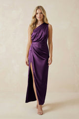 One - Shoulder Satin Ruched Sheath Bridesmaid Dress in Plum - KissProm Bridesmaid Dresses