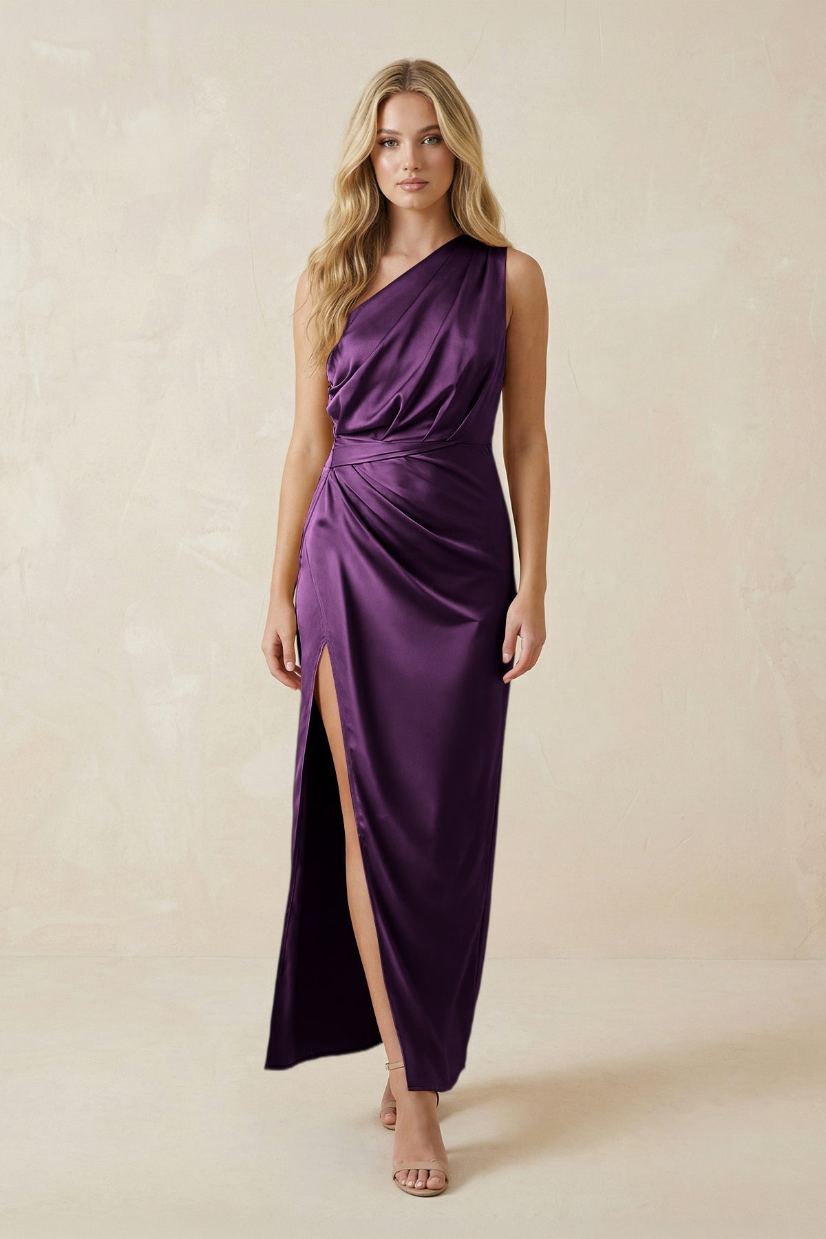 KissProm One-Shoulder Satin Ruched Sheath Bridesmaid Dress in Plum, Plum / 24