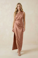 One - Shoulder Satin Ruched Sheath Bridesmaid Dress in Rosette - KissProm Bridesmaid Dresses