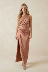 One - Shoulder Satin Ruched Sheath Bridesmaid Dress in Rosette - KissProm Bridesmaid Dresses