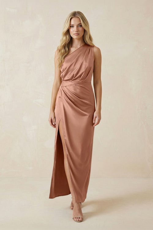 One - Shoulder Satin Ruched Sheath Bridesmaid Dress in Rosette - KissProm Bridesmaid Dresses