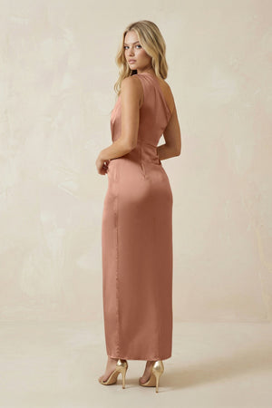 One - Shoulder Satin Ruched Sheath Bridesmaid Dress in Rosette - KissProm Bridesmaid Dresses