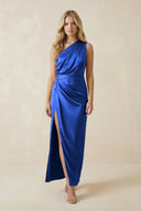 One - Shoulder Satin Ruched Sheath Bridesmaid Dress in Royal Blue - KissProm Bridesmaid Dresses