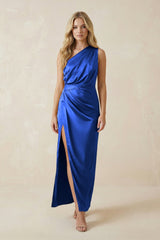 One - Shoulder Satin Ruched Sheath Bridesmaid Dress in Royal Blue - KissProm Bridesmaid Dresses