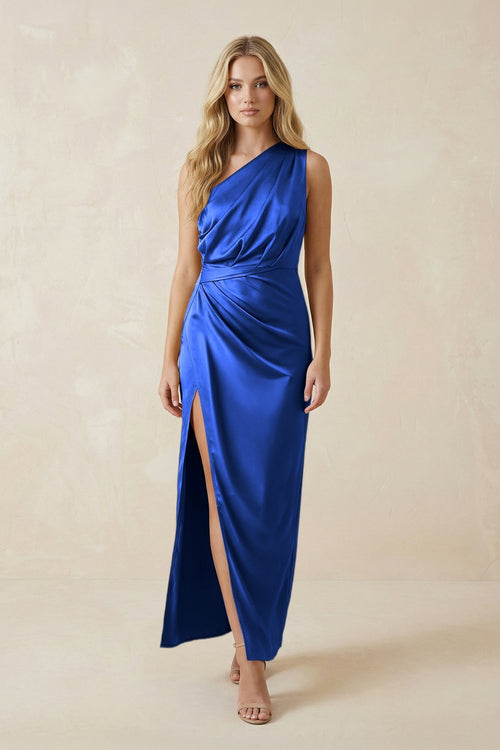 One - Shoulder Satin Ruched Sheath Bridesmaid Dress in Royal Blue - KissProm Bridesmaid Dresses