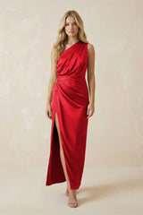 One - Shoulder Satin Ruched Sheath Bridesmaid Dress in Ruby Red - KissProm Bridesmaid Dresses