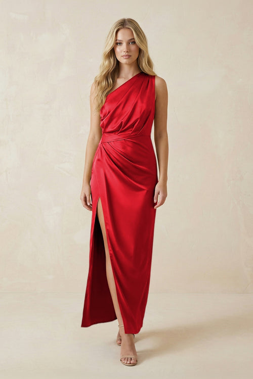 One - Shoulder Satin Ruched Sheath Bridesmaid Dress in Ruby Red - KissProm Bridesmaid Dresses