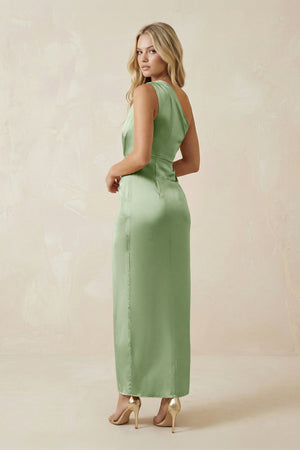 One - Shoulder Satin Ruched Sheath Bridesmaid Dress in Sage - KissProm Bridesmaid Dresses