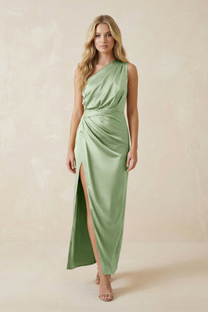 One - Shoulder Satin Ruched Sheath Bridesmaid Dress in Sage - KissProm Bridesmaid Dresses