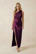 One - Shoulder Satin Ruched Sheath Bridesmaid Dress in Sangria - KissProm Bridesmaid Dresses