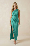 One - Shoulder Satin Ruched Sheath Bridesmaid Dress in Sea Glass - KissProm Bridesmaid Dresses