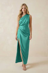 One - Shoulder Satin Ruched Sheath Bridesmaid Dress in Sea Glass - KissProm Bridesmaid Dresses