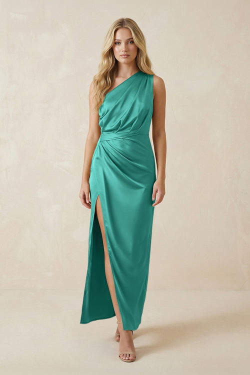 One - Shoulder Satin Ruched Sheath Bridesmaid Dress in Sea Glass - KissProm Bridesmaid Dresses