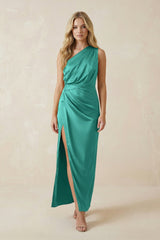 One - Shoulder Satin Ruched Sheath Bridesmaid Dress in Sea Glass - KissProm Bridesmaid Dresses