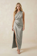 One - Shoulder Satin Ruched Sheath Bridesmaid Dress in Silver - KissProm Bridesmaid Dresses