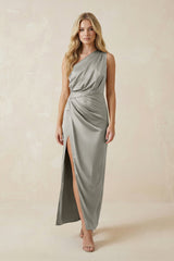 One - Shoulder Satin Ruched Sheath Bridesmaid Dress in Silver - KissProm Bridesmaid Dresses