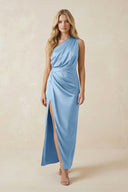 One - Shoulder Satin Ruched Sheath Bridesmaid Dress in Sky Blue - KissProm Bridesmaid Dresses