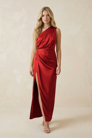 One - Shoulder Satin Ruched Sheath Bridesmaid Dress in Spice - KissProm Bridesmaid Dresses
