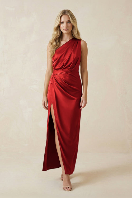 One - Shoulder Satin Ruched Sheath Bridesmaid Dress in Spice - KissProm Bridesmaid Dresses