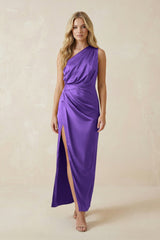 One - Shoulder Satin Ruched Sheath Bridesmaid Dress in Tahiti - KissProm Bridesmaid Dresses