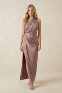 One - Shoulder Satin Ruched Sheath Bridesmaid Dress in Toffee - KissProm Bridesmaid Dresses
